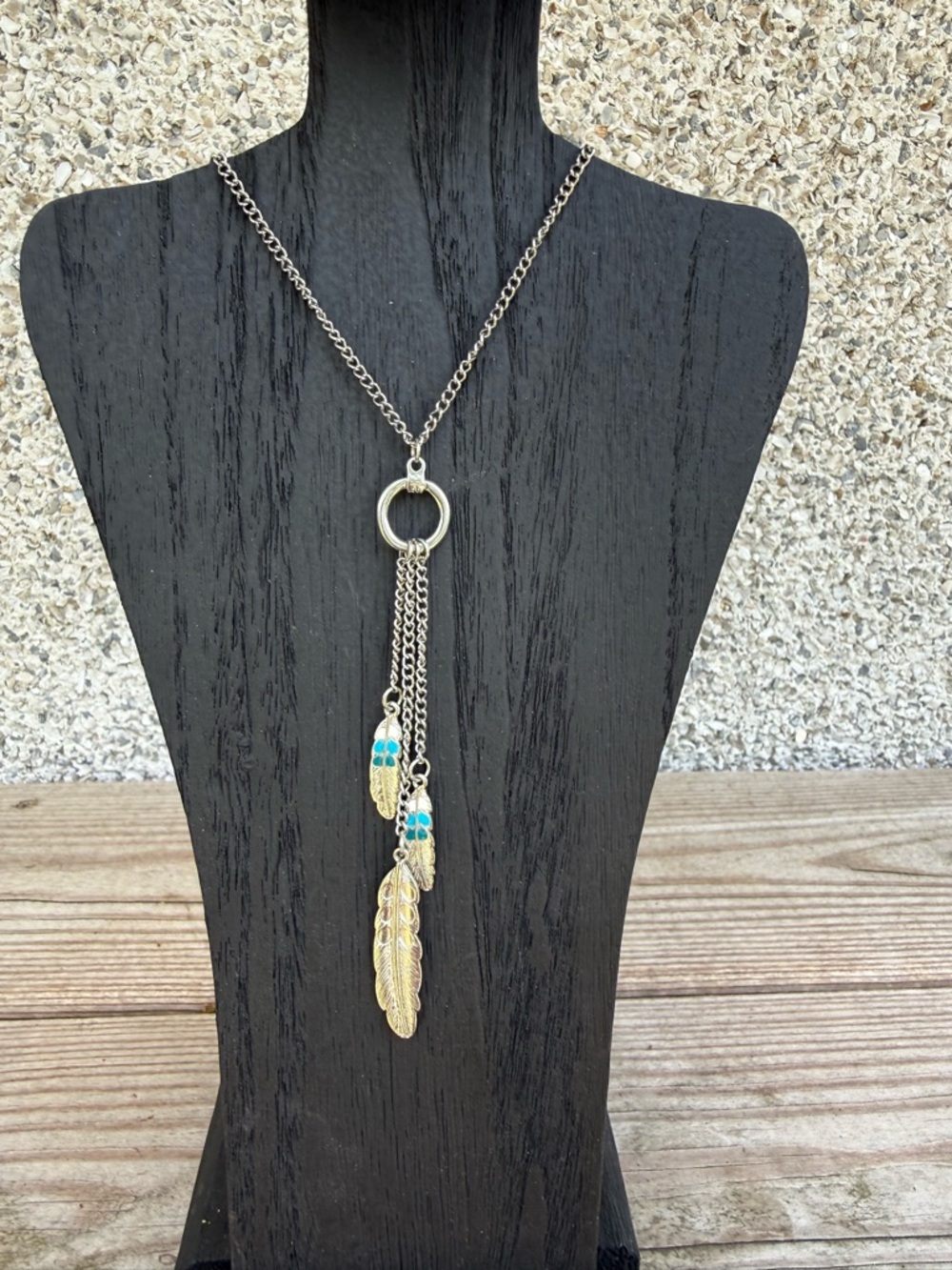 Silver-Tone Feather Tassel Necklace with Turquoise Accents - Unbranded
